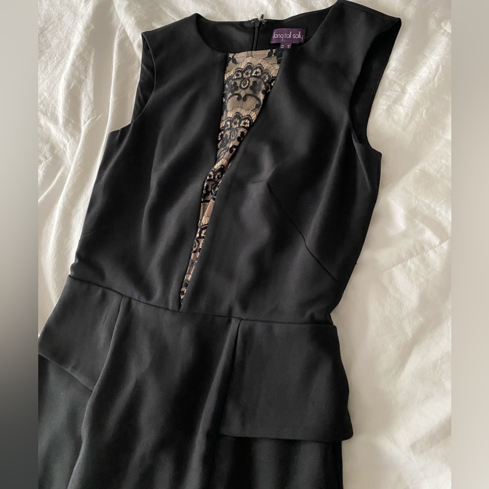 Long tall sally 6 nude black lace  print fitted sheath dress